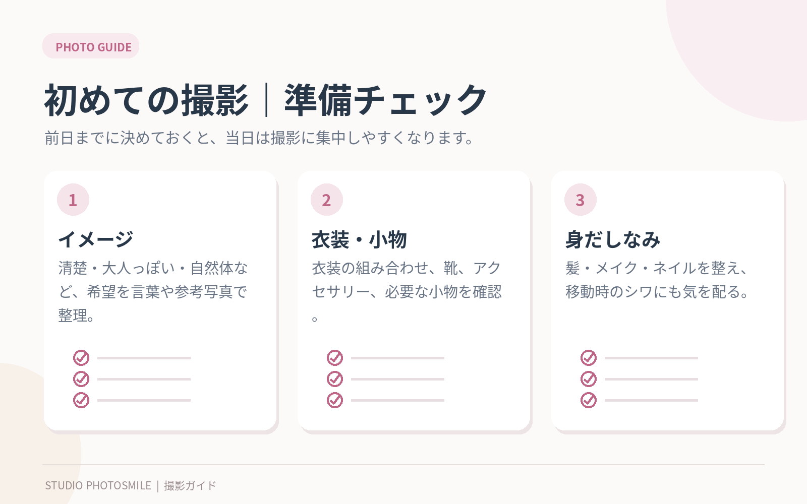 初めてプロフィール撮影を受ける前のイメージ・衣装・身だしなみの準備チェック図