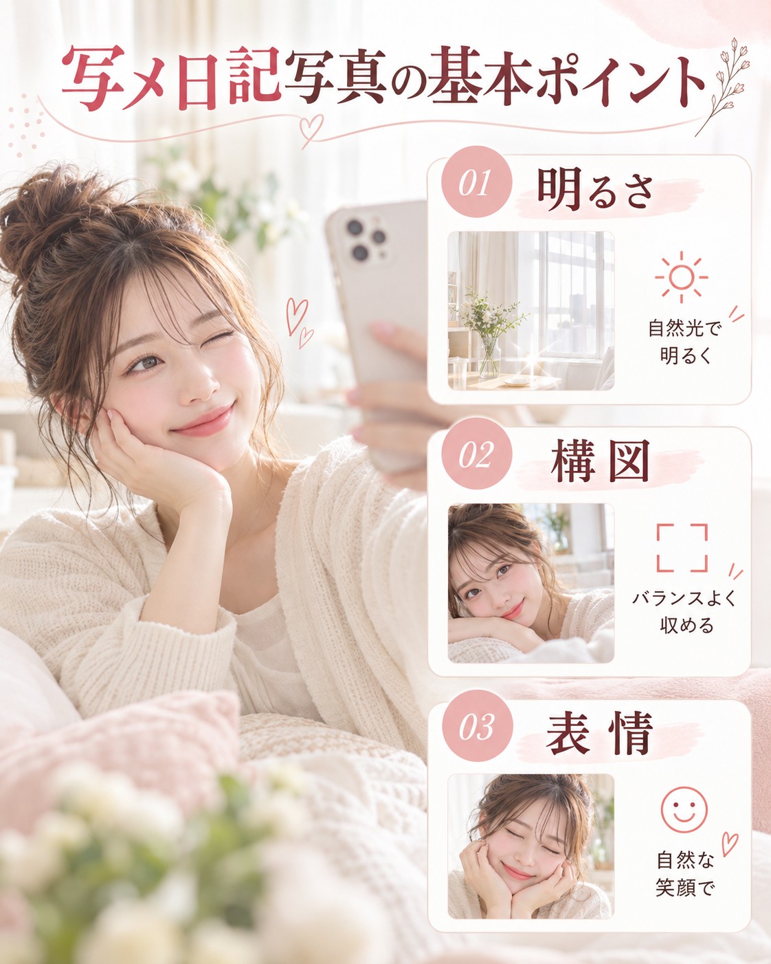 写メ日記の写真で大切なポイントをまとめたイメージ