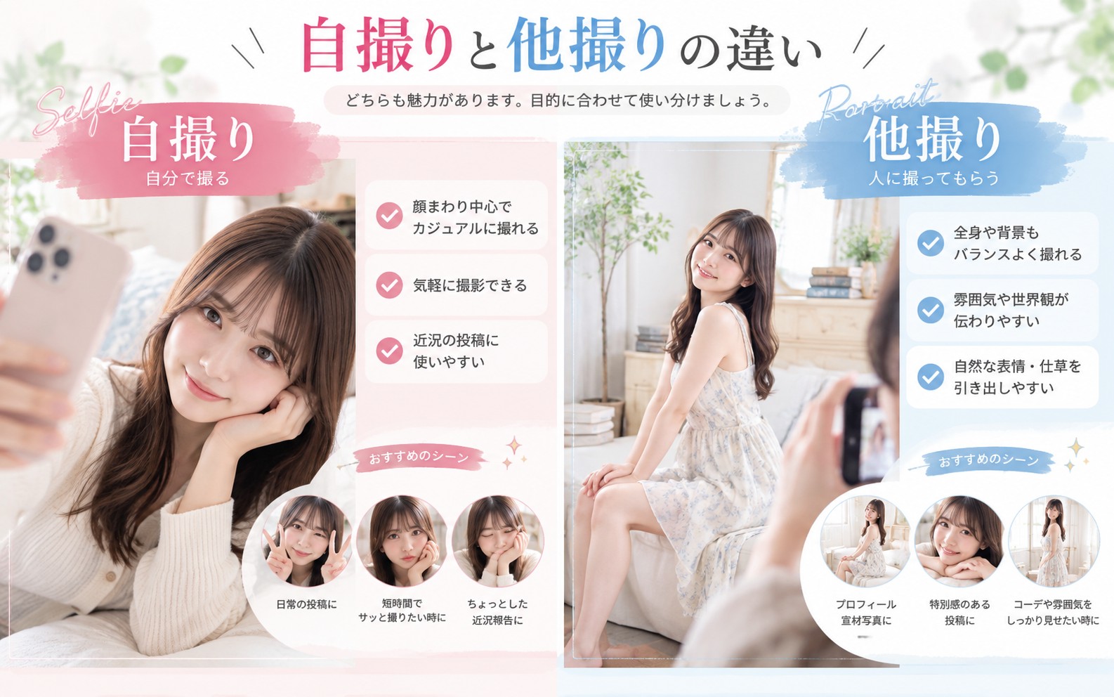 自撮りと他撮りの違いを比較したイメージ