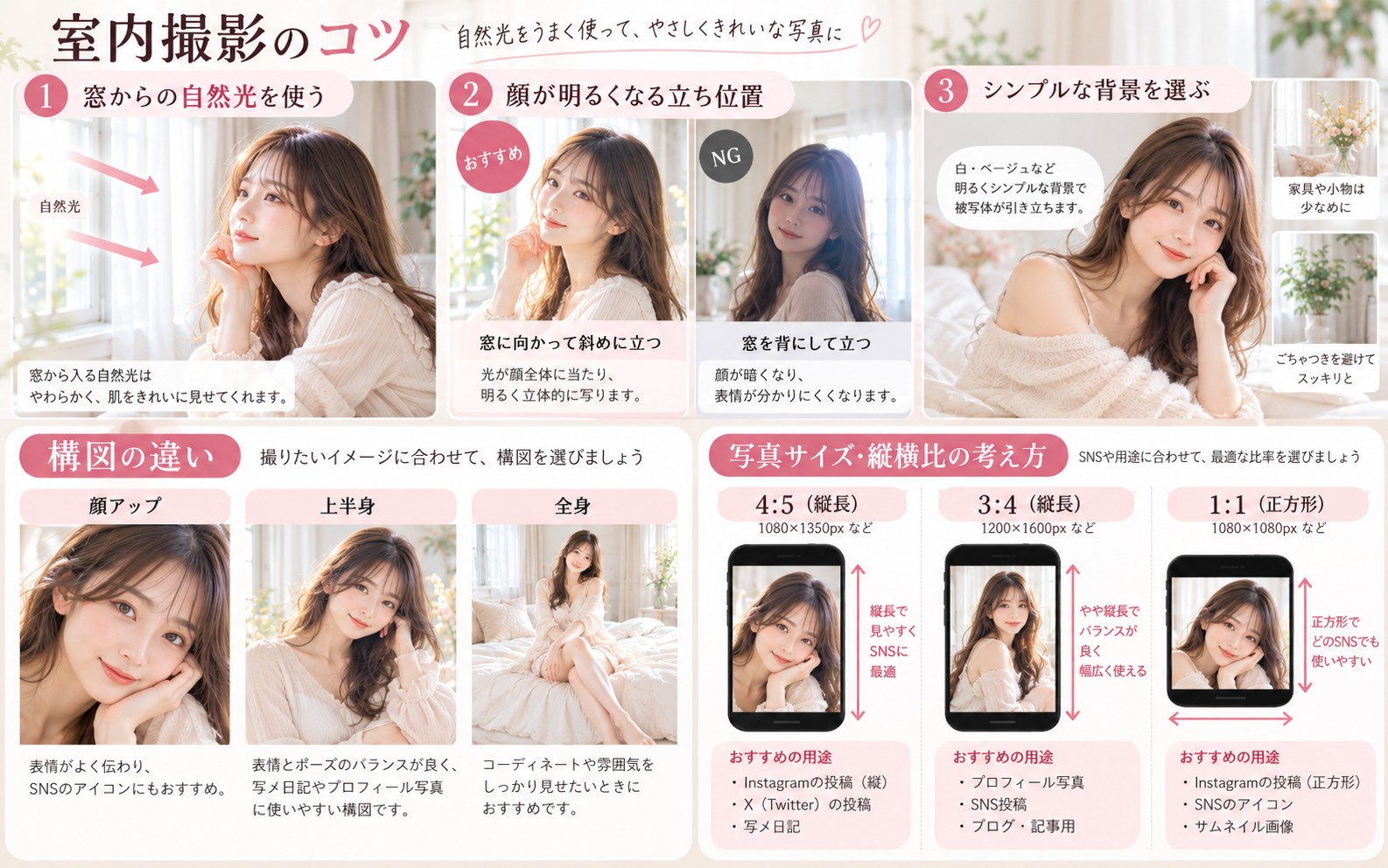 室内の光と写真サイズの考え方をまとめたイメージ